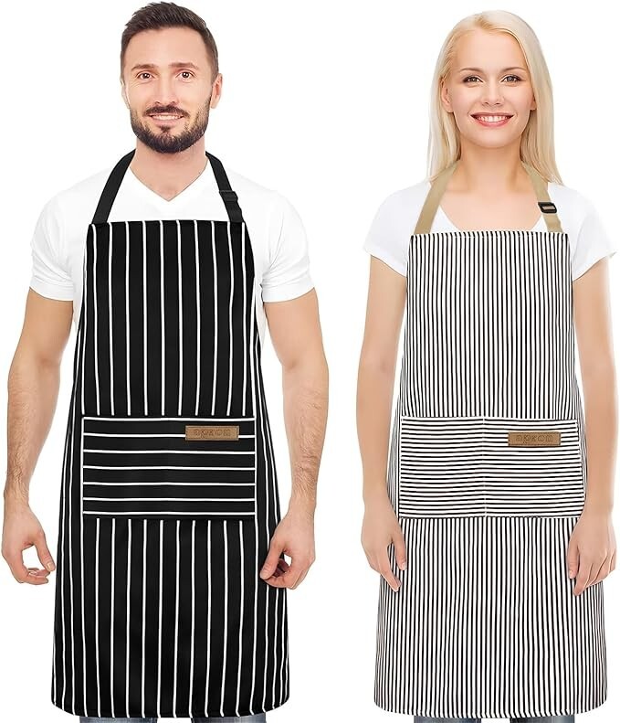 2 Pack Aprons with pockets, Kitchen aprons, Aprons for cooking- Black & White