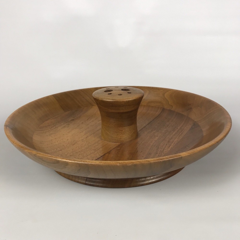 Vintage Solid American Walnut Wood Nut Serving Bowl Dish w/ Tools Cracker Picks