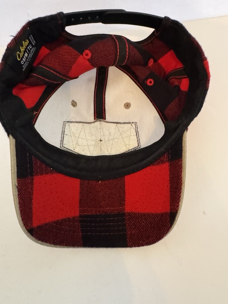 Cabelas Cap Buffalo Plaid Hat Tan Patch Red Black Flannel SnapBack 6 Panel Crown