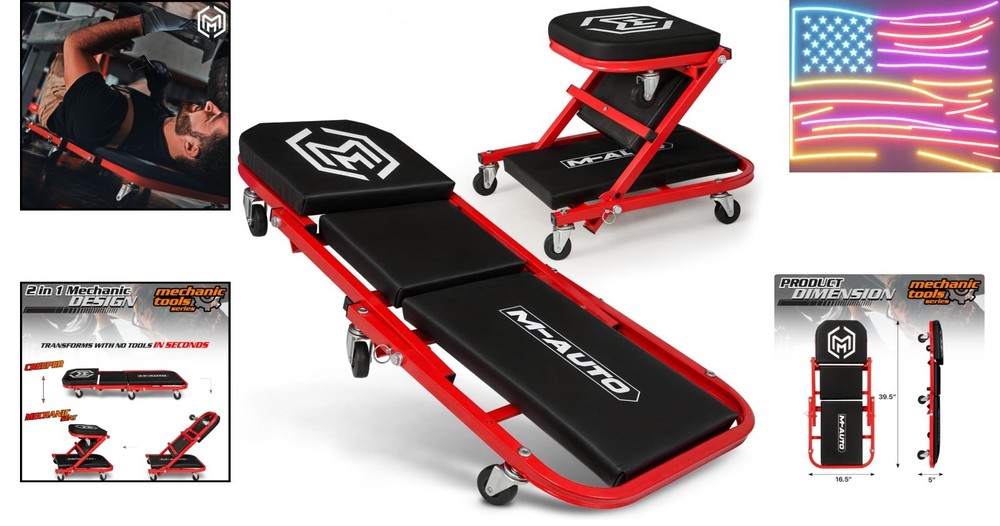 40-Inch Folding Creeper Rolling Seat, All-in-One Adjustable Roller Garage Cha...