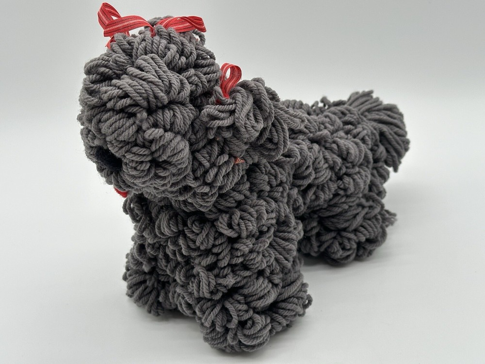 Handmade Gray Yarn Dog With Red Ribbons