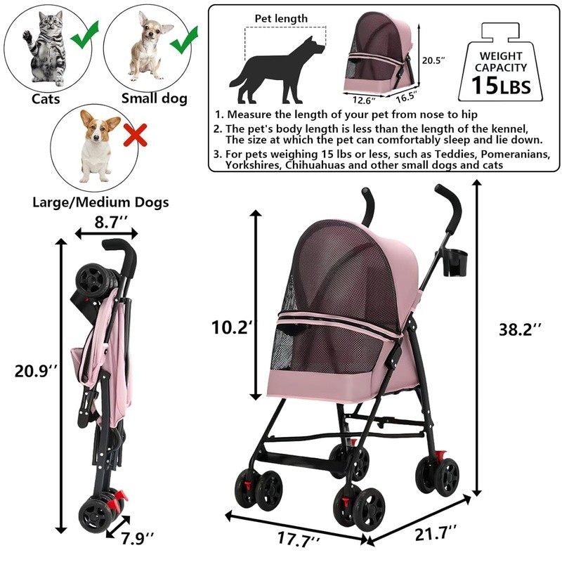Durable Cat Stroller W/ 180° Panoramic Window Small Pets Easy Foldable New