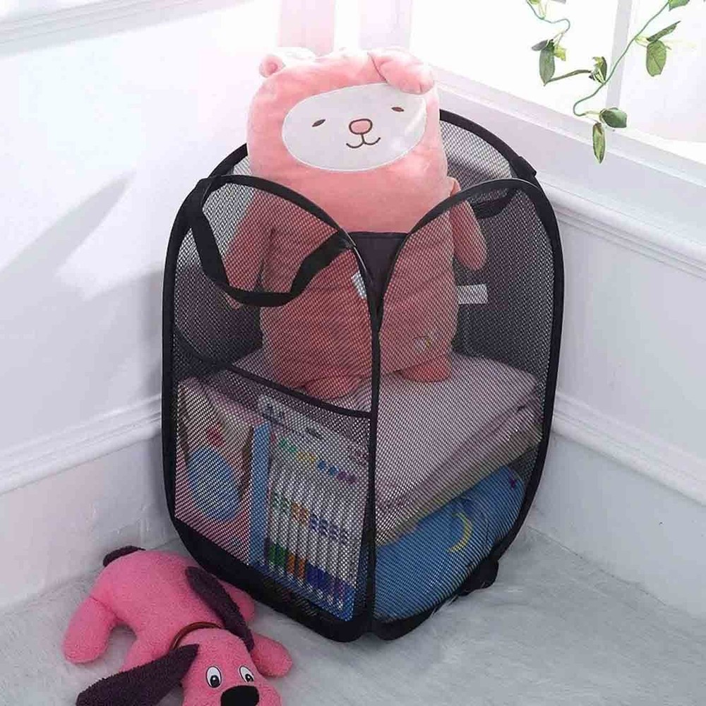 2x Black Collapsible Pop Up Laundry Bag Foldable Hamper LargeMesh Clothes Basket