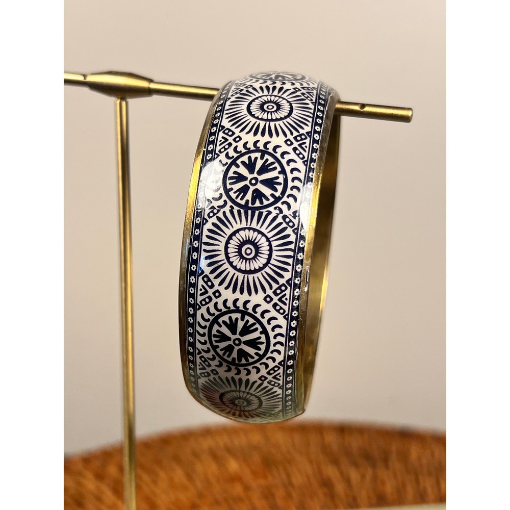 Brass Enameled Blue White Bangle Bracelet