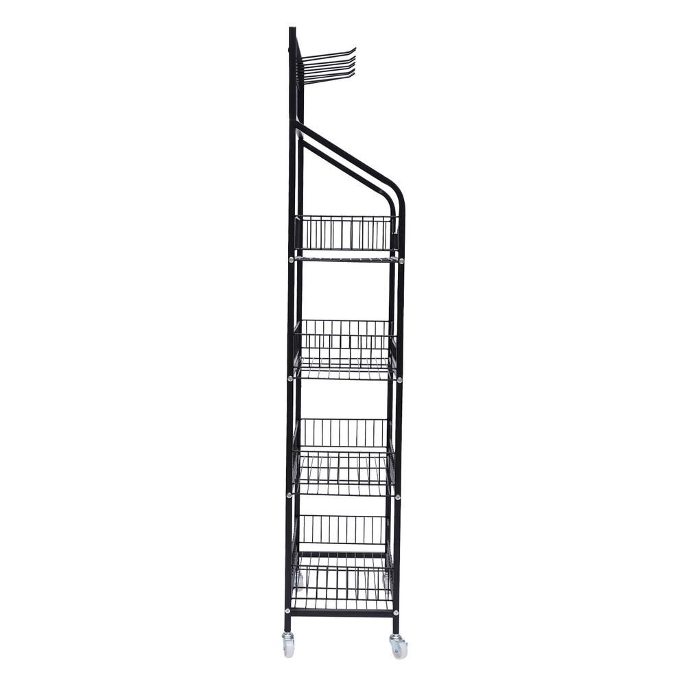 Kitchen Baker's Rack 4 Tier Rolling Metal Storage Shelf Black 55" Height+Wheels