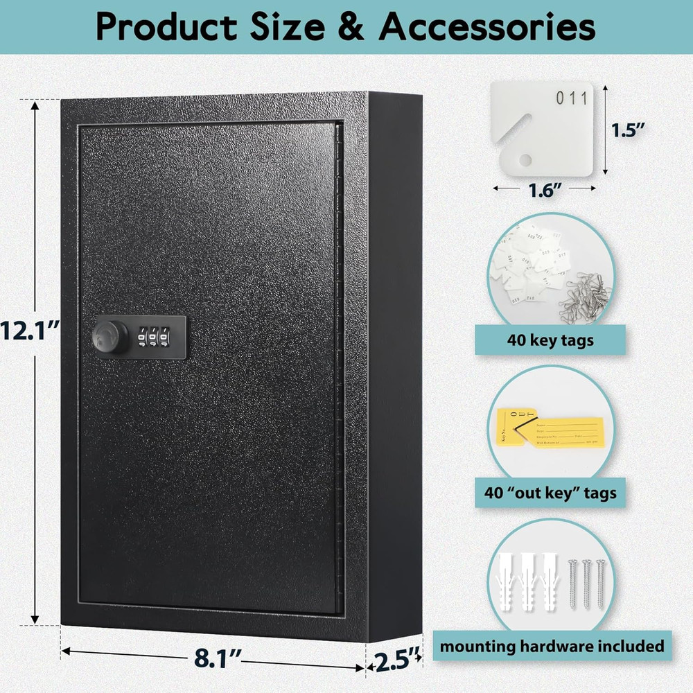 Locking Key Cabinet, 40 Key Storage Lock Box with Code, Key Box Wall Mount with