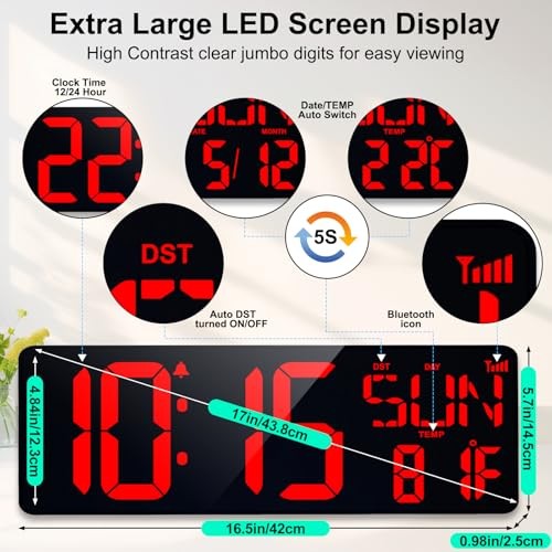 17.2" Large Digital Wall Clock Bluetooth Sync Time, Precise Red With Bluetooth