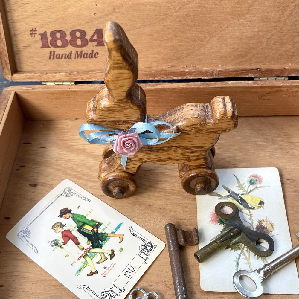 Vintage Wooden Bunny Rabbit Rolling Push Toy Missing Pull String Nursery Decor