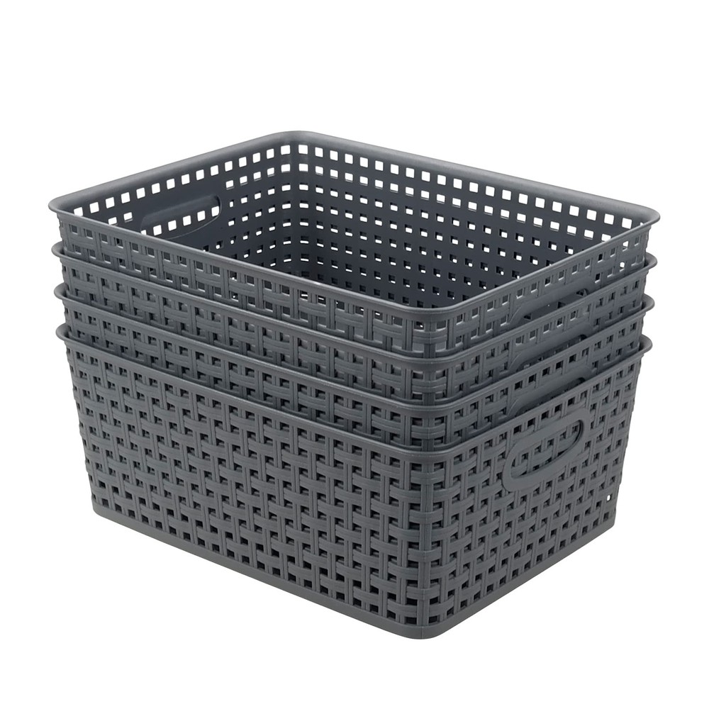4-Pack Plastic Storage Basket, Gray Organizer Bin