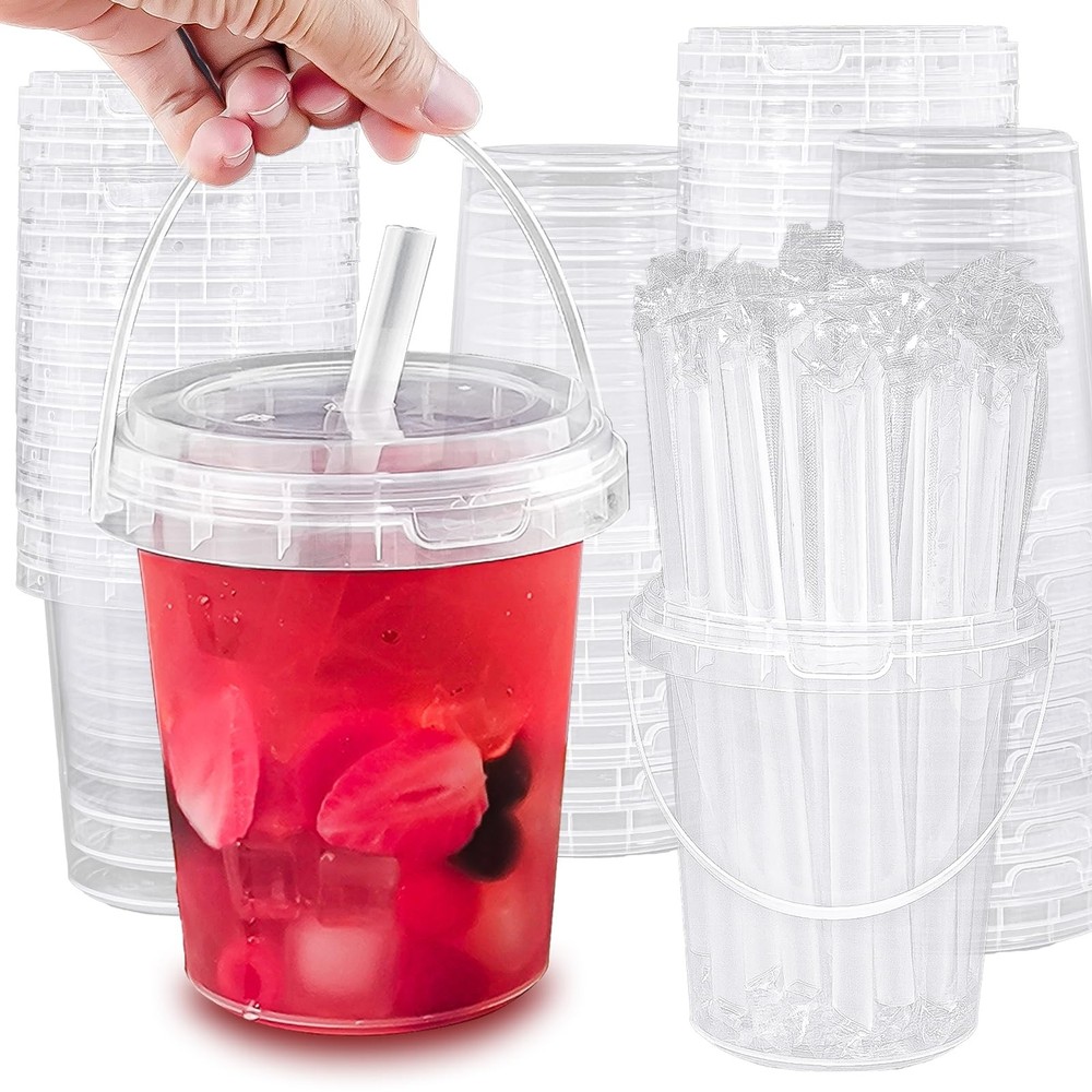 30 Sets - 34 oz Plastic Cups with Lid 30 Set Clear Straws, Transparent