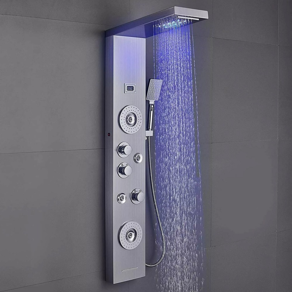 Brushed Shower Panel Tower System LED Rain Waterfall Head Combo Body Massage Jet