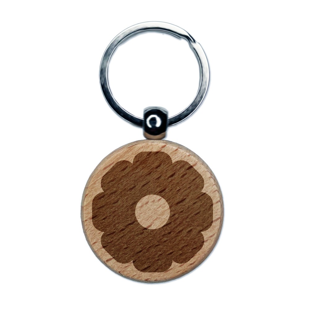 Flower Solid Engraved Wood Round Keychain Tag Charm