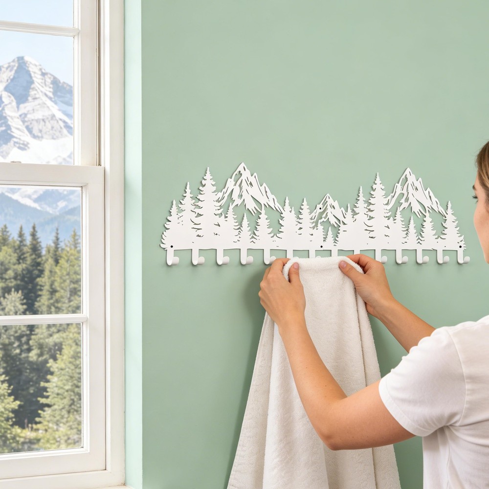 Large White Mountain Wall Mount with 14 Hooks, Decorative Forest Art Wall Han...