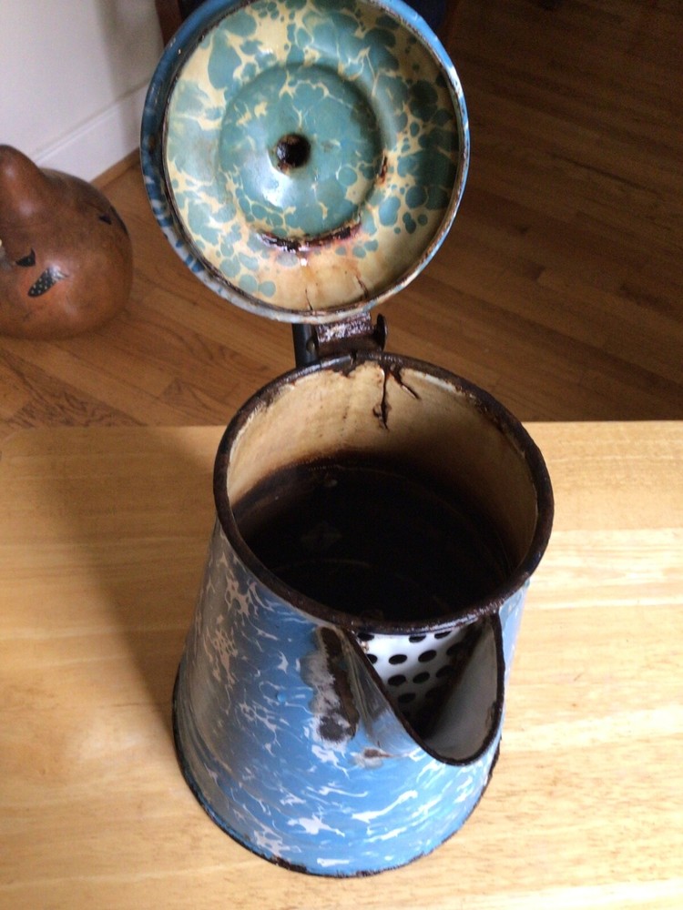 Blue Speckle enamelware kettle Pot for Display Artificial Flower Arrangements