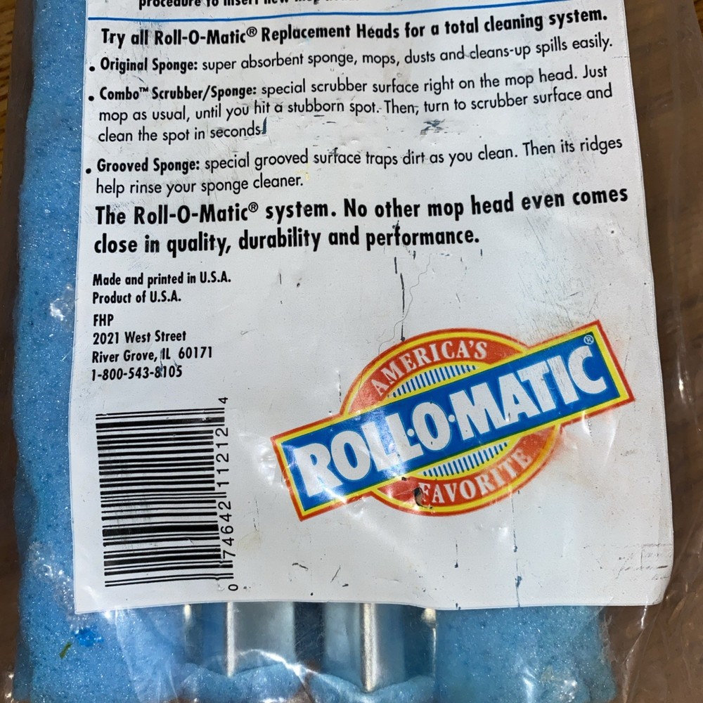 Roll-o-Matic 2-Pack Grooved 12” Sponge Mop Head Refills - NEW Open pkg