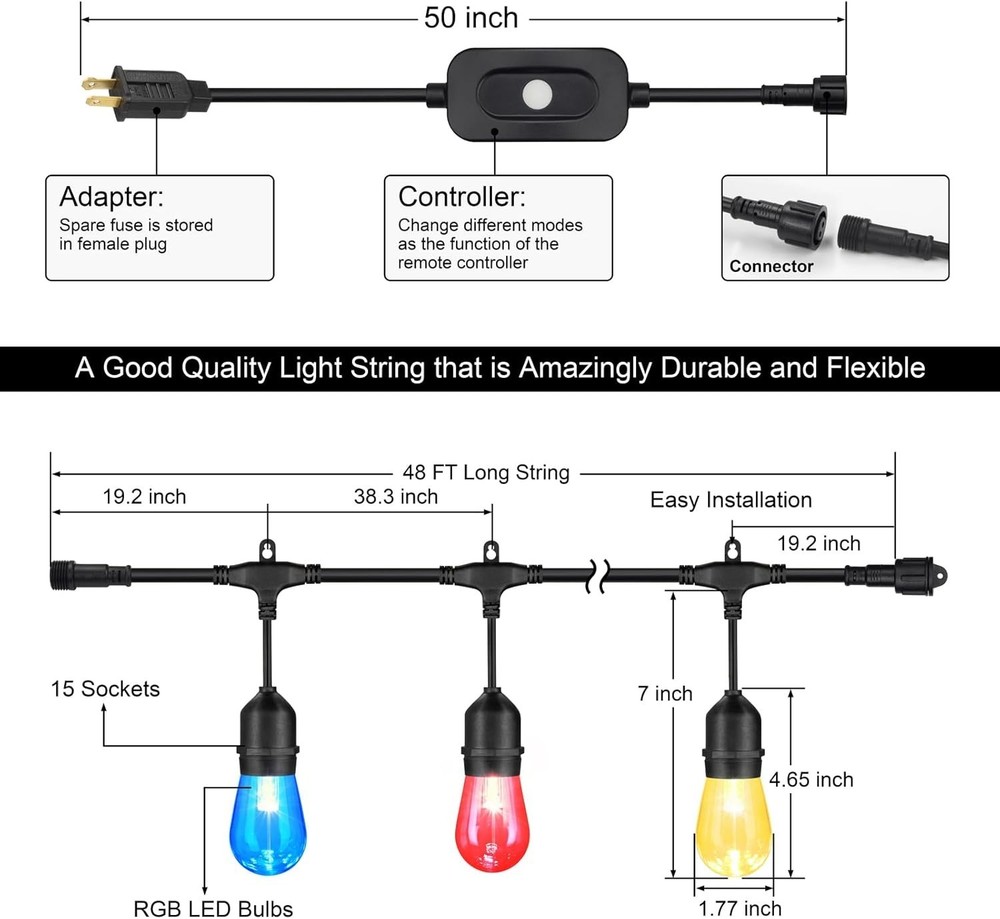 Waterproof RGB 48FT Outdoor String Lights with Dimmable Remote Functionality