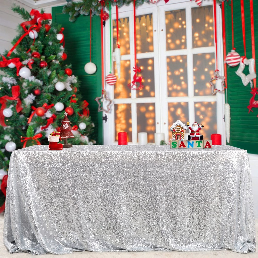 B-COOL 60x102 Inch Silver Tablecloth Christmas Rectangle Silver Sequin Tableclot