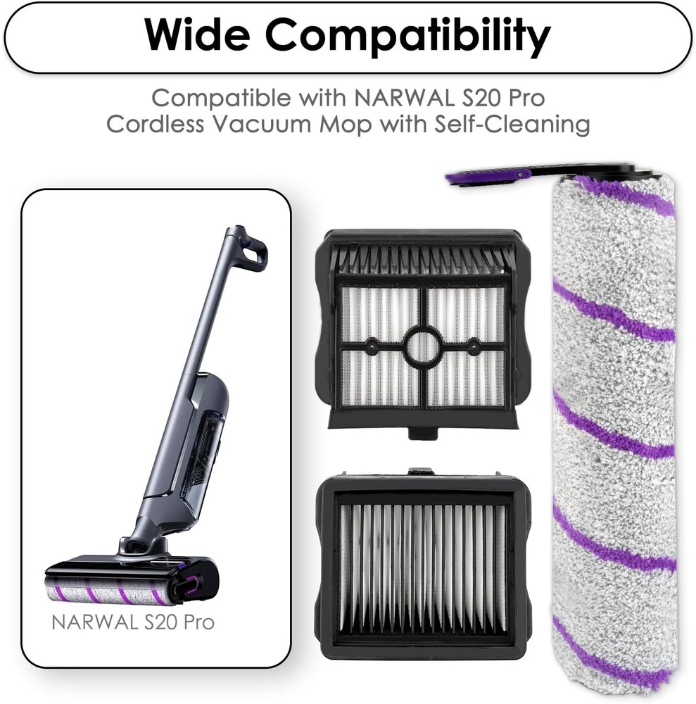 2 Pack S20 Pro Replacement Brush Rollers and Filters Compatible with Narwal S20