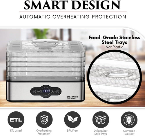Magic Mill Food Dehydrator Machine | 5 Stackable Stainless Steel Trays silver