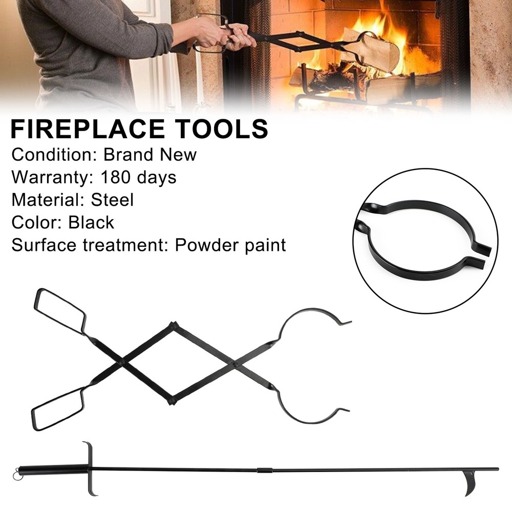 2PCS Hearth Tool Fireplace Set Fire Tools Set Campfire Tongs Fire hook Blk