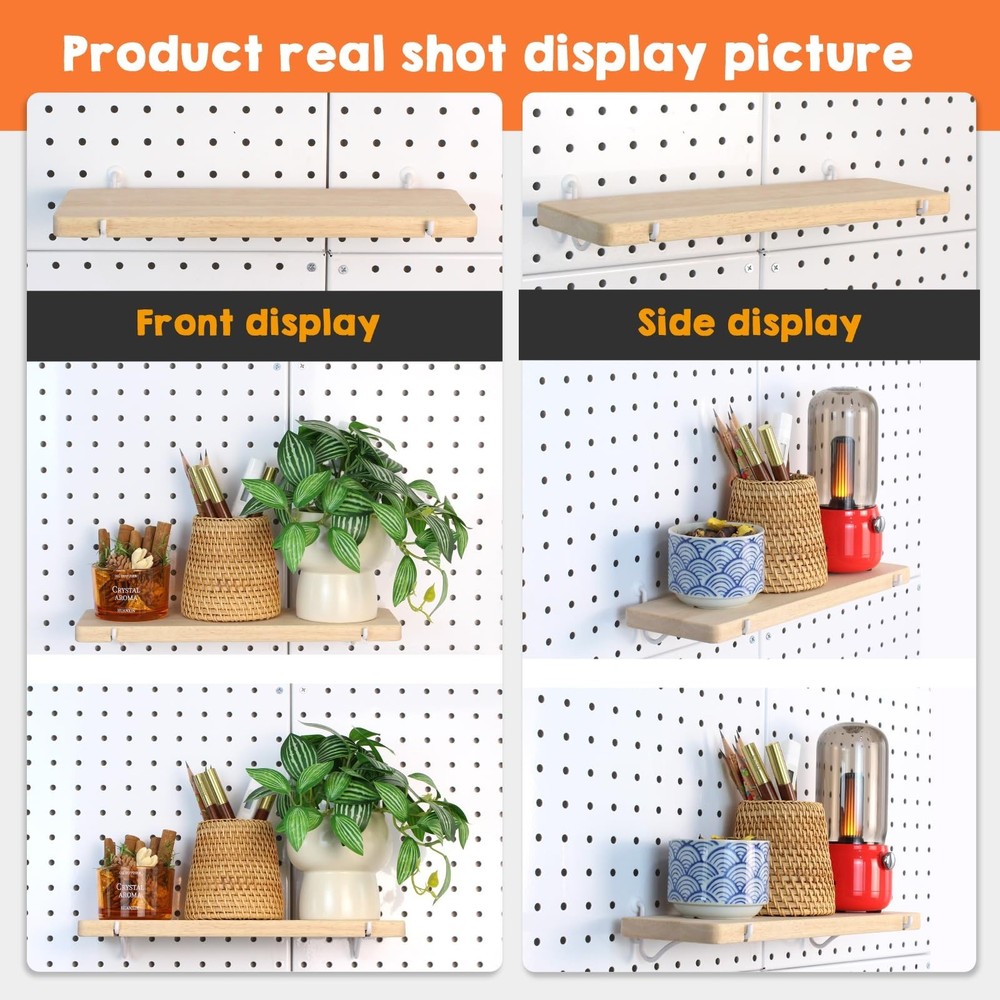 Solid Wood Pegboard Shelf, Pegboard Shelves with Pegboard Hooks, Pegboard Acc...