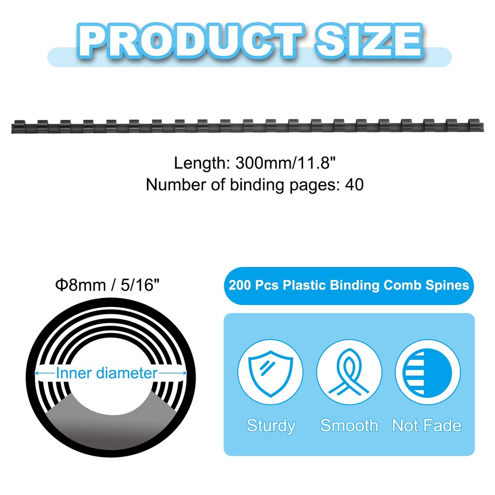 200 Pcs 8mm (5/16") Plastic Binding Combs 40 Sheet Capacity 21 Rings, Black