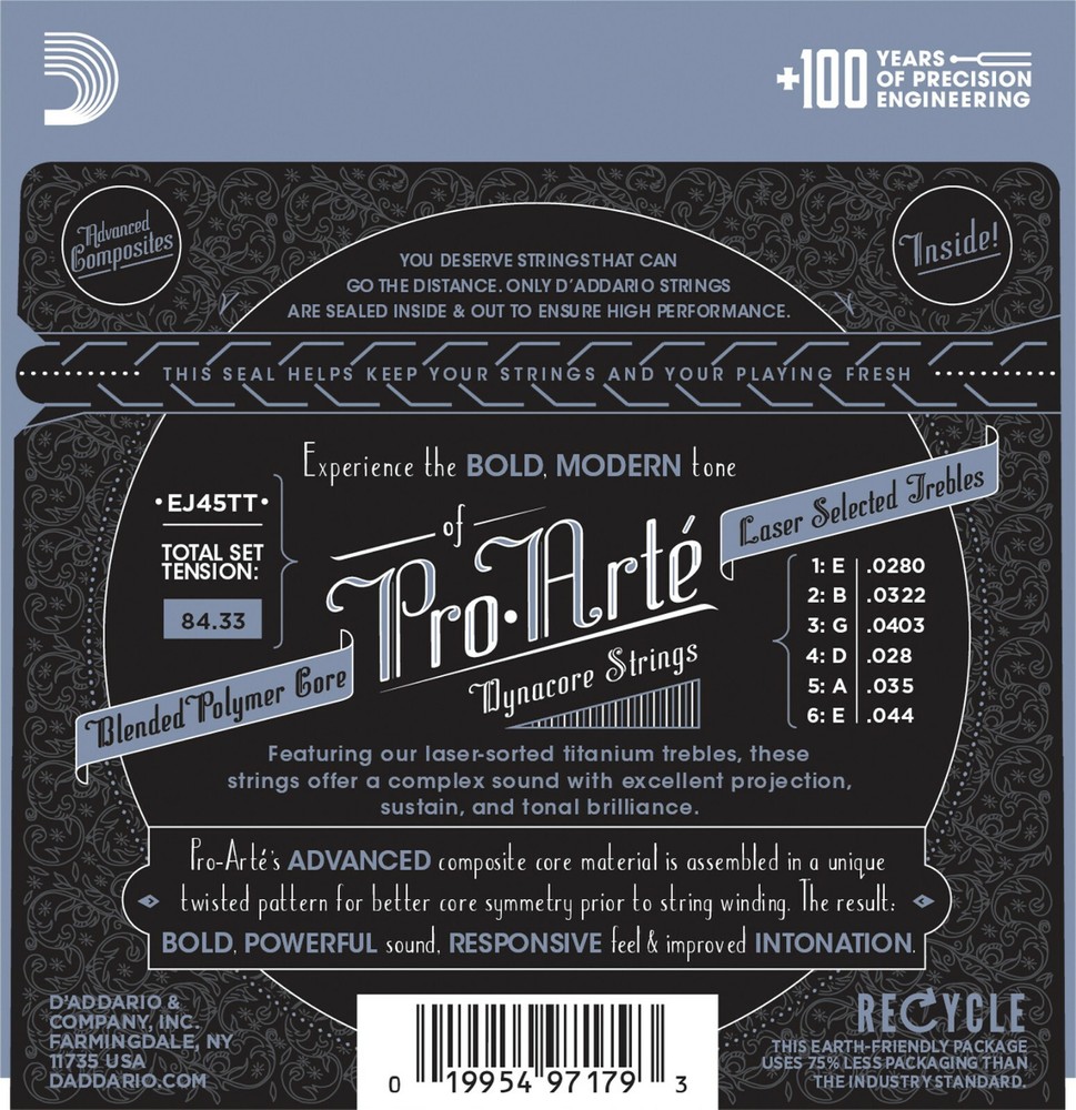 D'Addario EJ45TT-3D Pro-Arté Dynacore Classical Titanium Trebles Normal
