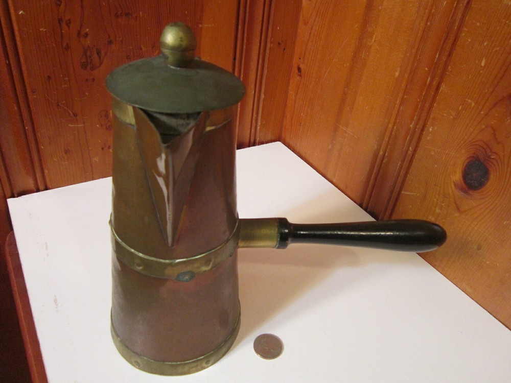 Vintage Handmade Copper Rustic Coffee Pot Hinged Lid Black Wood Side Handle EUC