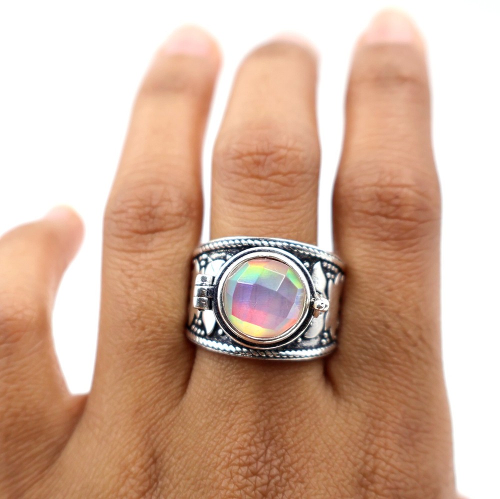 Aurora Opal Poison Ring, 925 Silver Platted Ring, Compartment Pill Box Ring