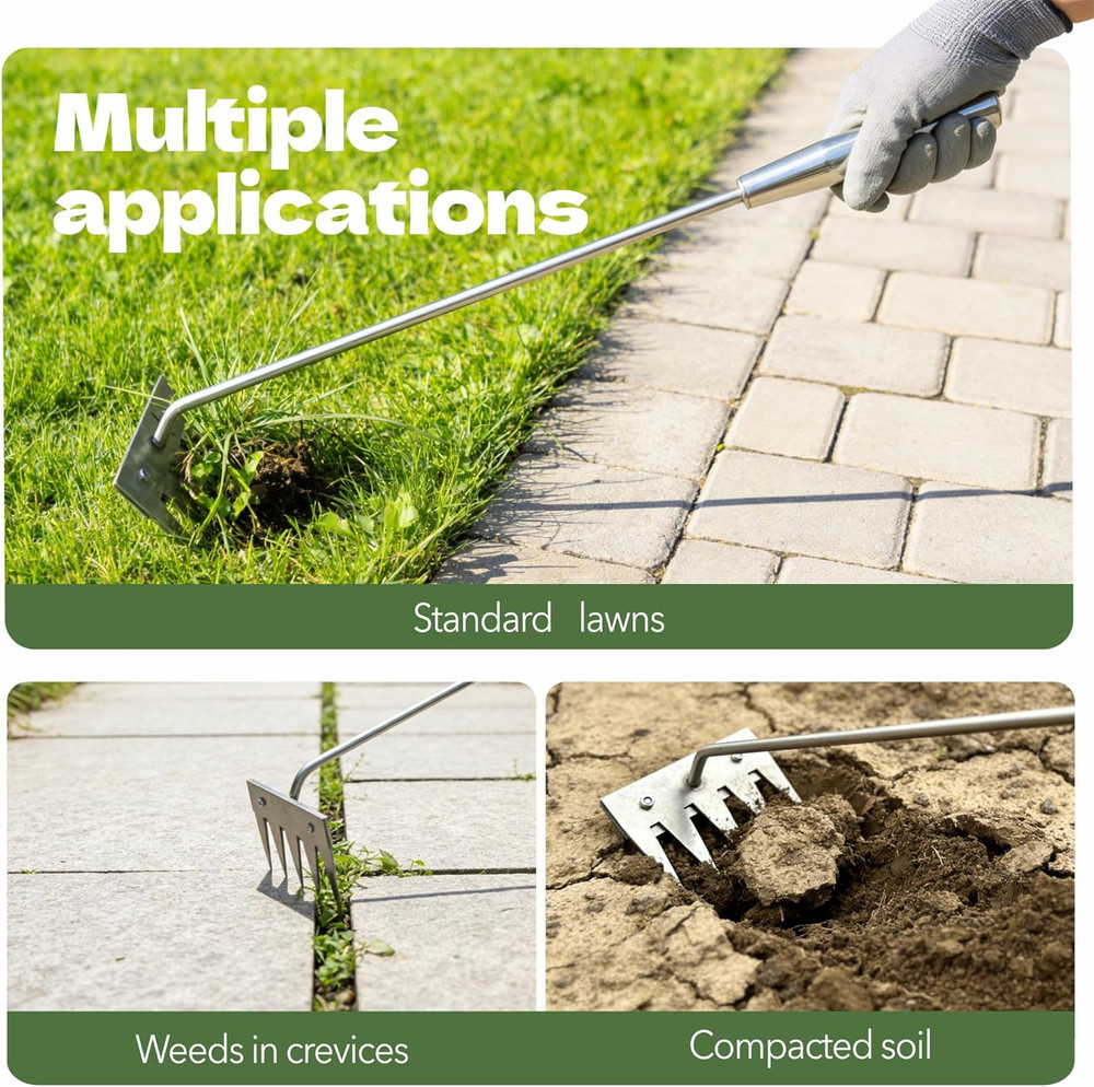 2-Piece Portable Manual Weed Puller Tool with Stainless Steel Rake Head