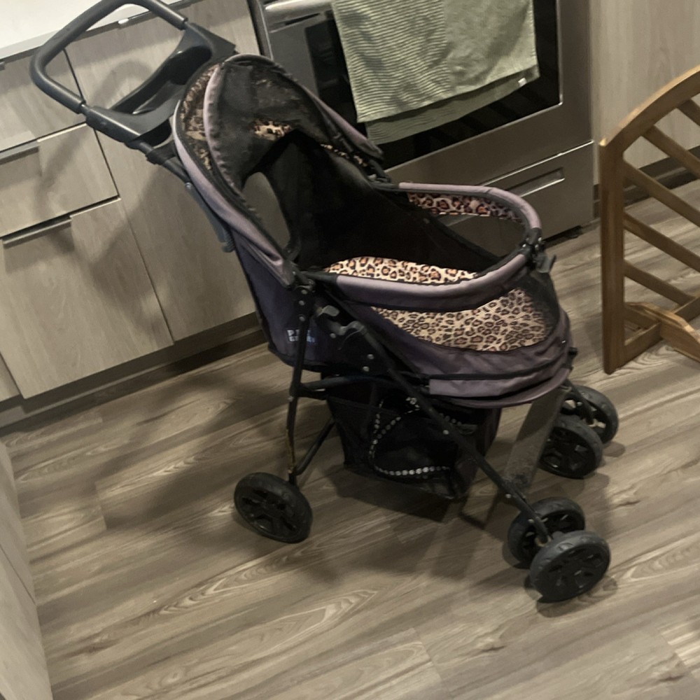 Gray 4-Wheel Pet Stroller Foldable Mesh Window Leopard Print Interior