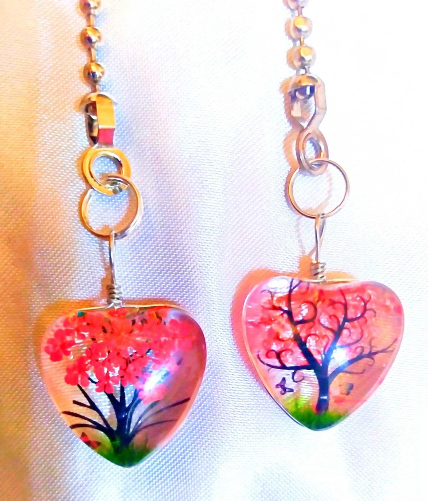 Set of Two ~ RED TREE HEART Acrylic ~ Ceiling Fan Pulls