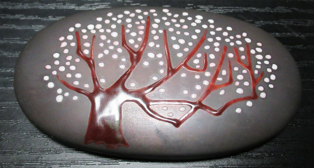 ANDO REPOUSSE CLOISONNE COPPER TREE DESIGN ENAMEL BOX WITH ANDO LABEL