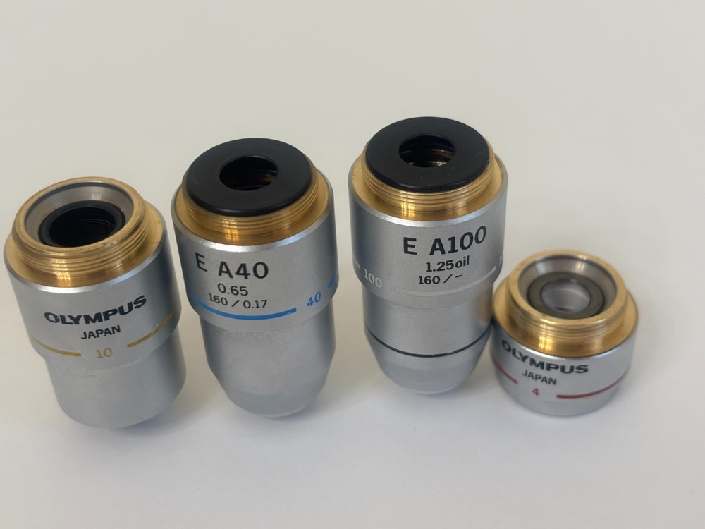 Olympus CH2 Four Microscope Objectives E A4, E A10, E A40, E A100 Oil