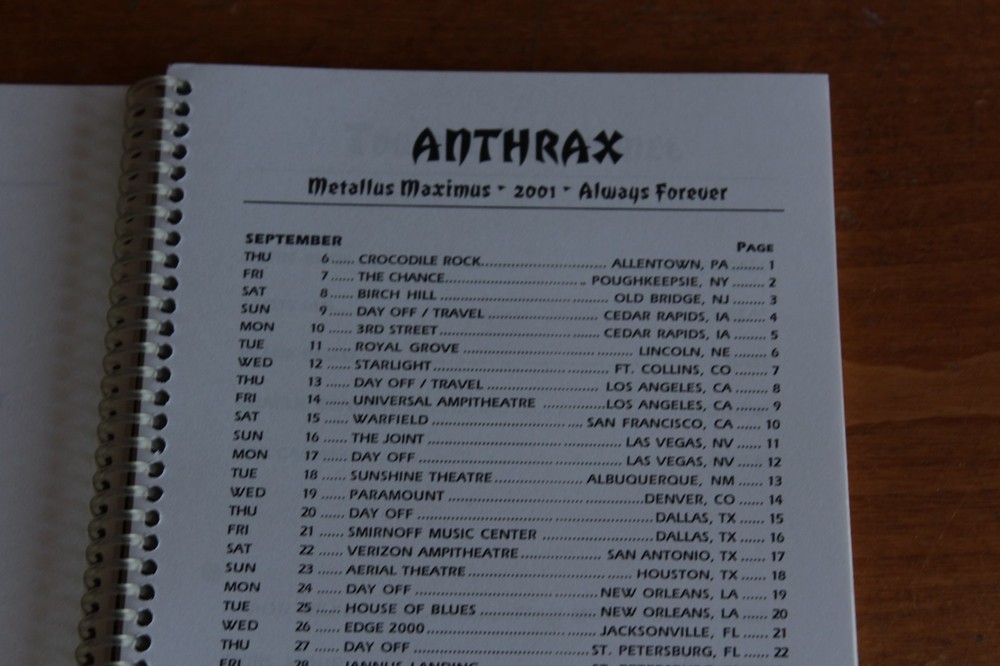Anthrax / Tour Itinerary / USA Fall 2001