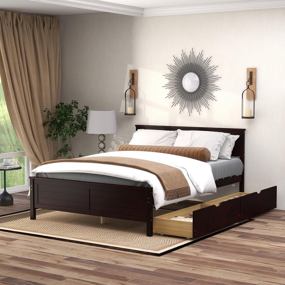 Full Size Bed Frame with 2 Drawers, Platform Bed with Solid Wood