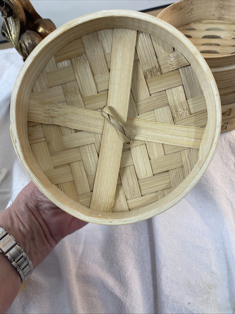 2 Tiered Bamboo Stackable Steamer with Lid 6 Inch Diameter 1.5 Inches Deep
