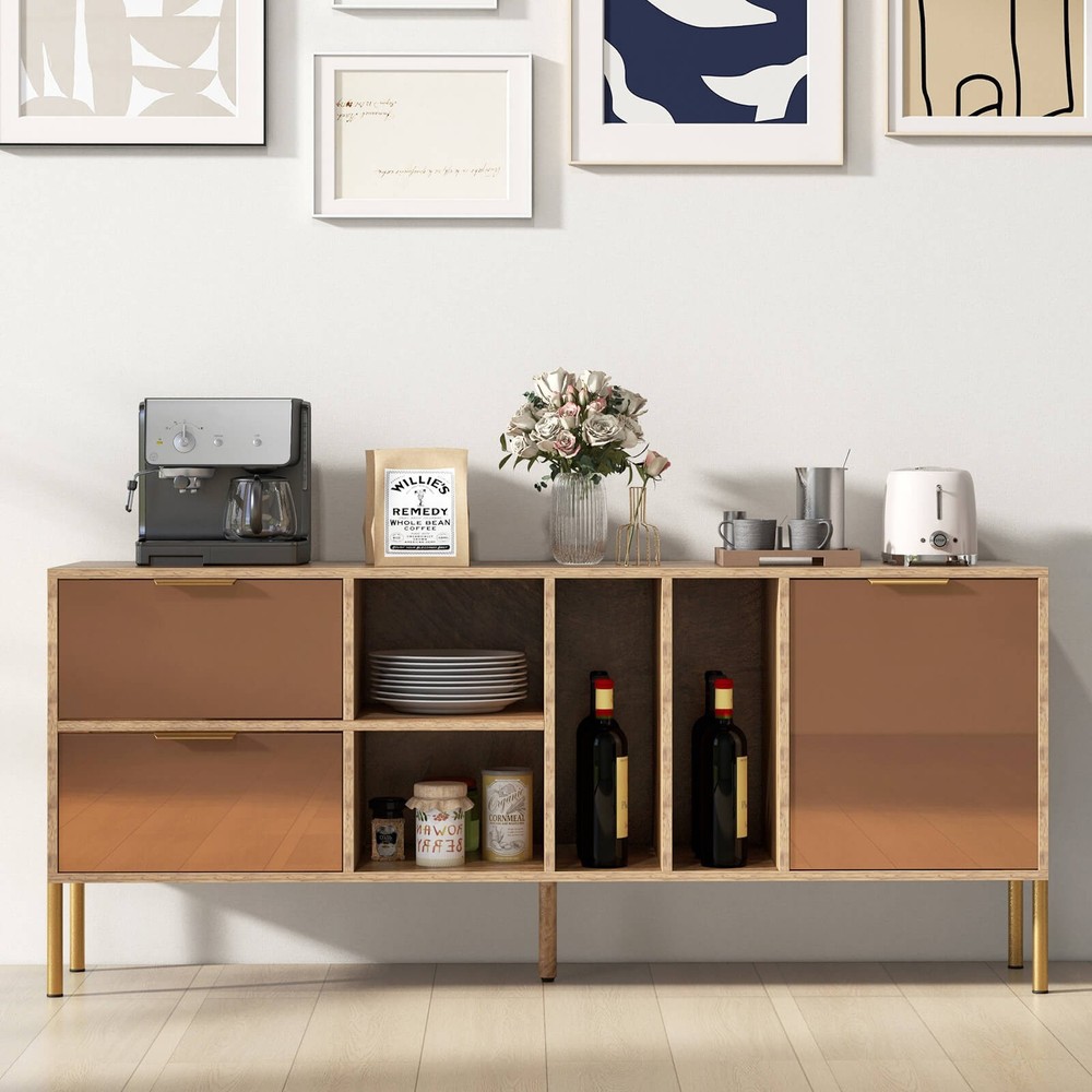 Mirrored Buffet Cabinet Rustic Kitchen Sideboard Storage Cabinet w/2 Drawers
