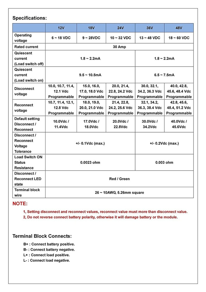 18V 30Amp Low Voltage Disconnect Module LVD Battery Protection Controller