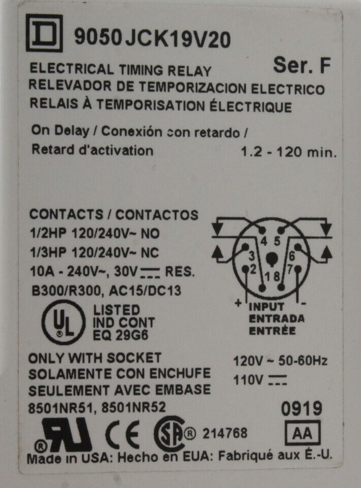 Square D 9050JCK19V20 Electrical Timing Relay