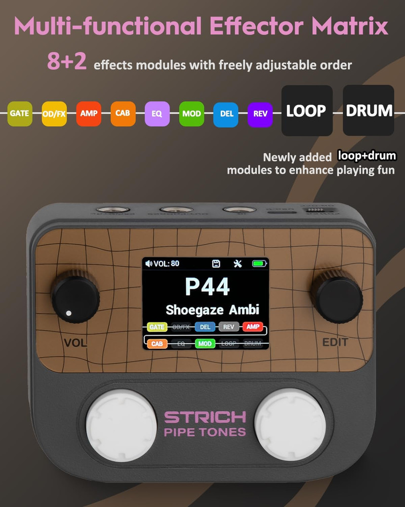 Pipe Tones Pocket Multi-Effects Processor for Guitar and Bass with 10 Effect Mod