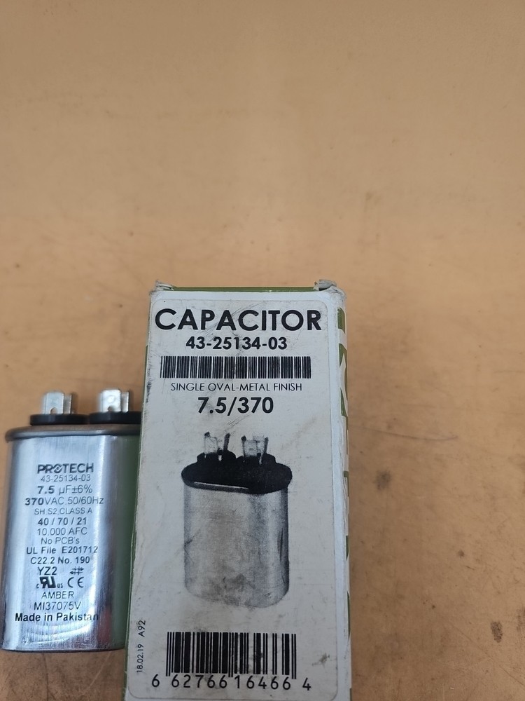 Protech 43-25134-03 Single Oval Run Capacitor 370VAC 7.5 MFD