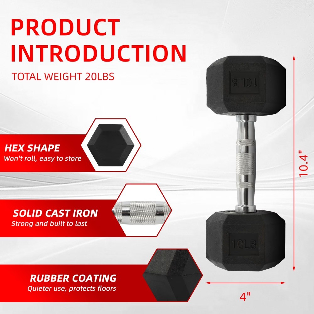 Rubber Encased Hex Dumbbells, 10 lbs Pair, Black