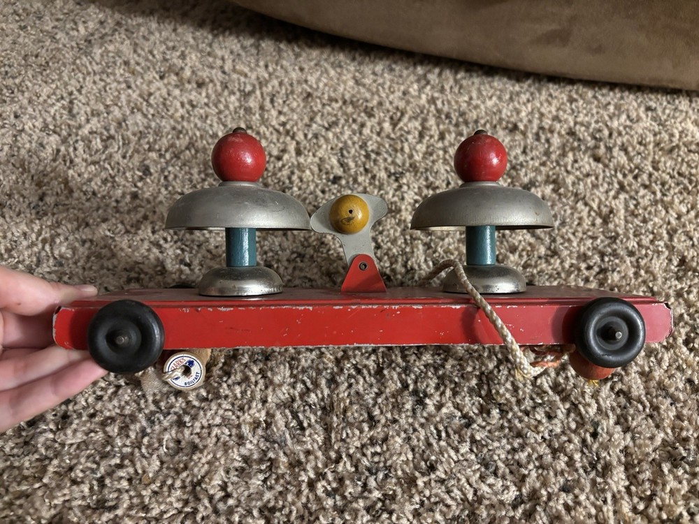 Vintage Pressed Steel Pull Toy - Double Bell String Marx Red Tin