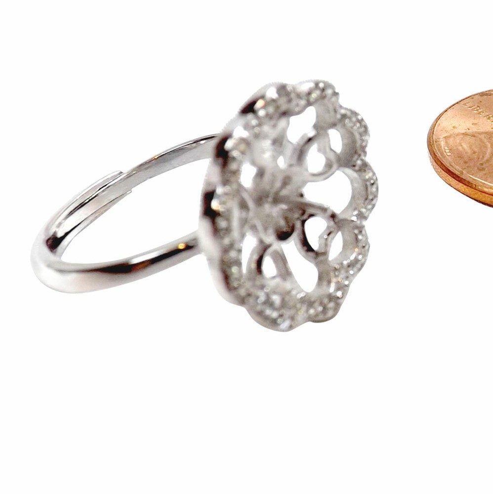 Large Flower Shaped Adjustable Pearl Ring Setting 925S Silver