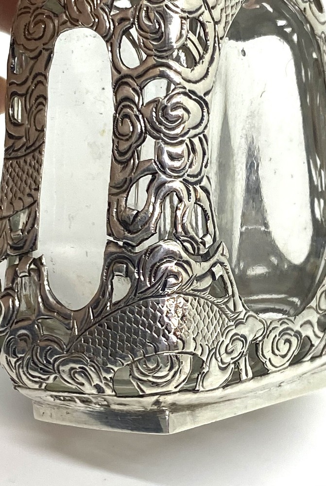 Antique Asian Signed Silver Overlay Dragon Pattern Bitters Bottle 5” 143g