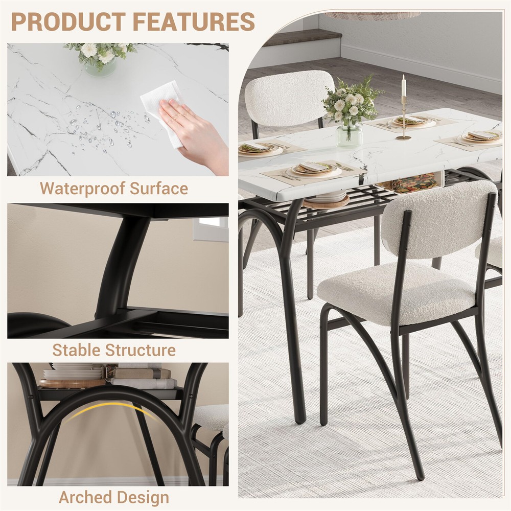 Modern Kitchen Table with Boucle Chairs for 4 Dining Table Set for Small Space