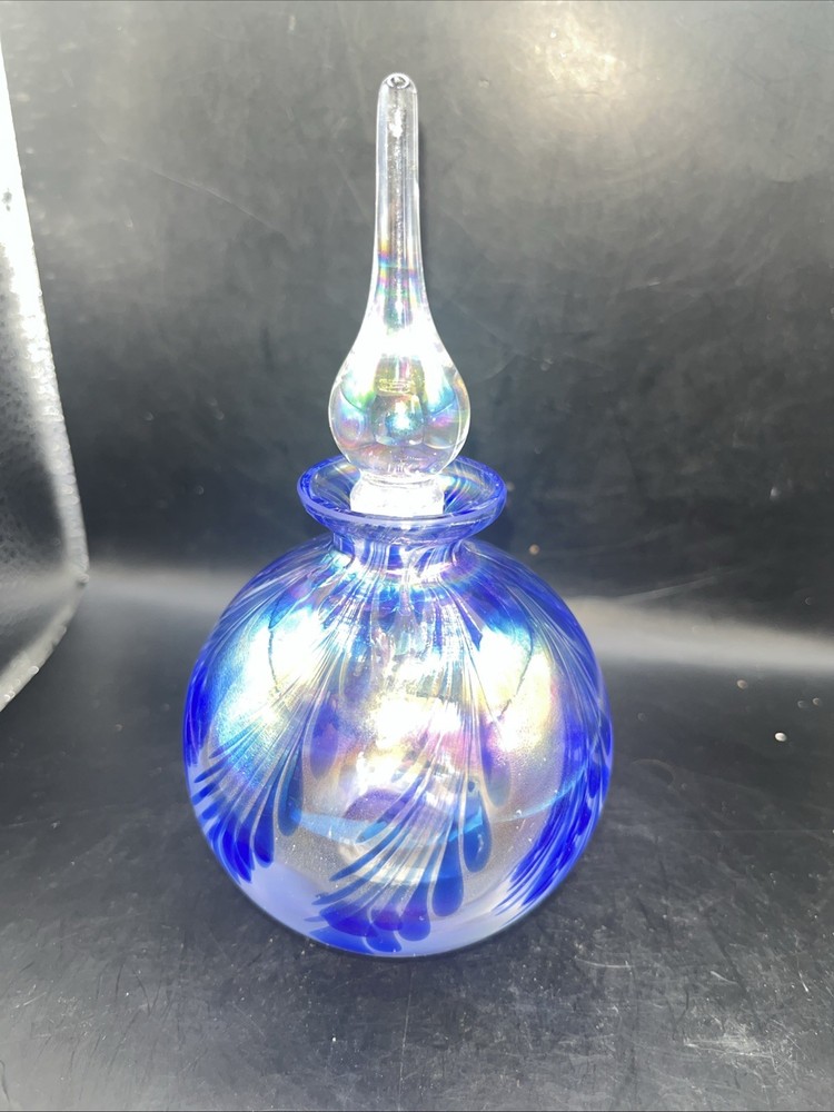 Iridescent Perfume Bottle With Stopper Pulled Feather Blue 6”