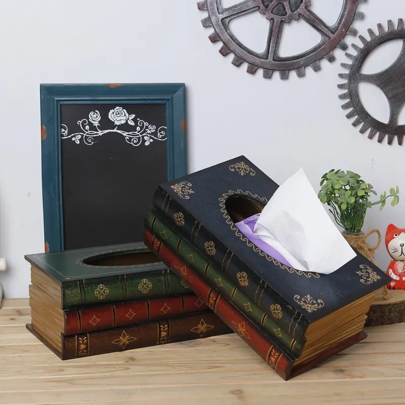 Classical Wooden Antique Book Tissue Box Cover Rectangular Tissue (Black-Simple)