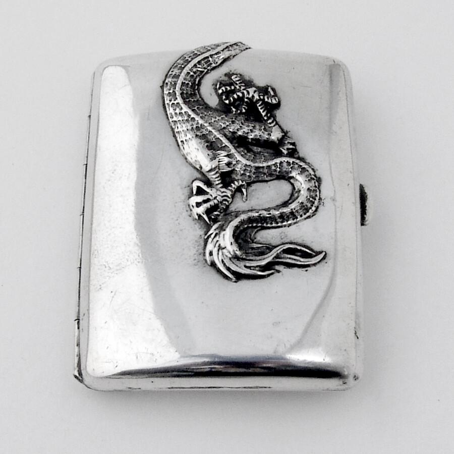Chinese Export Silver Cigarette Case Applied Dragon